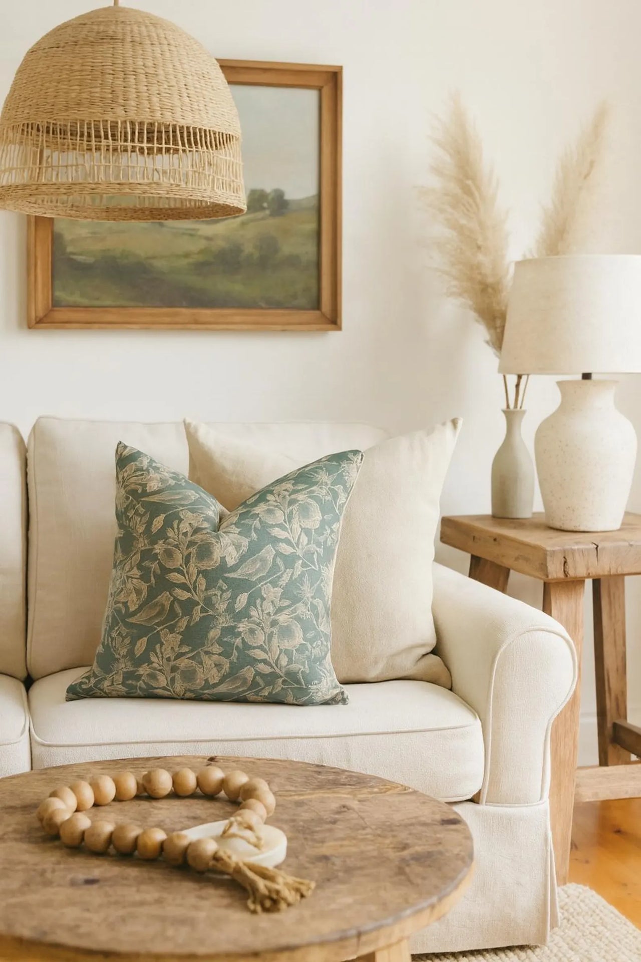 Cozy living room with beige sofa, decorative pillow, wooden coffee table, and lamp.