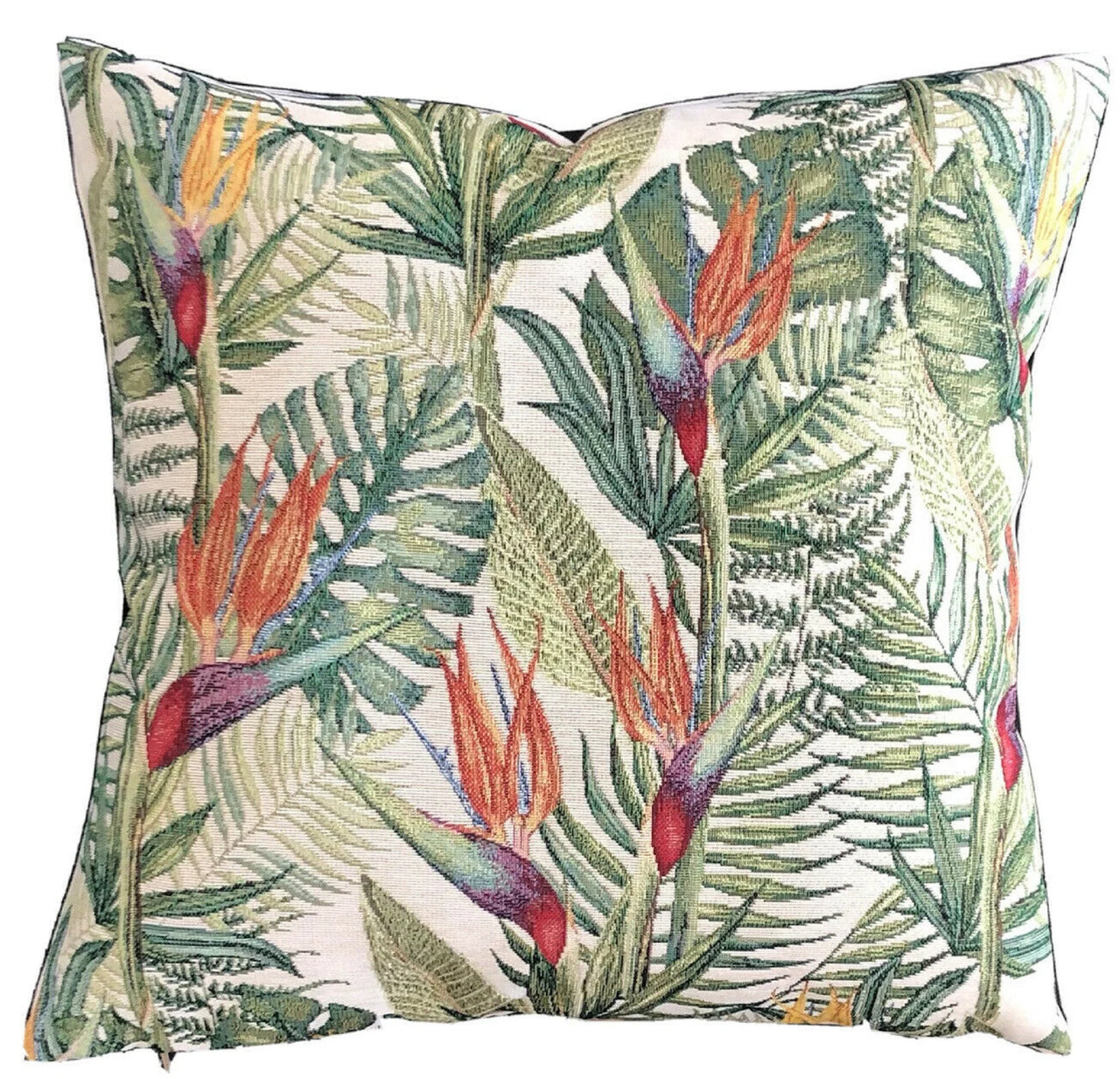 Exotic orange flower and green foliage cushion