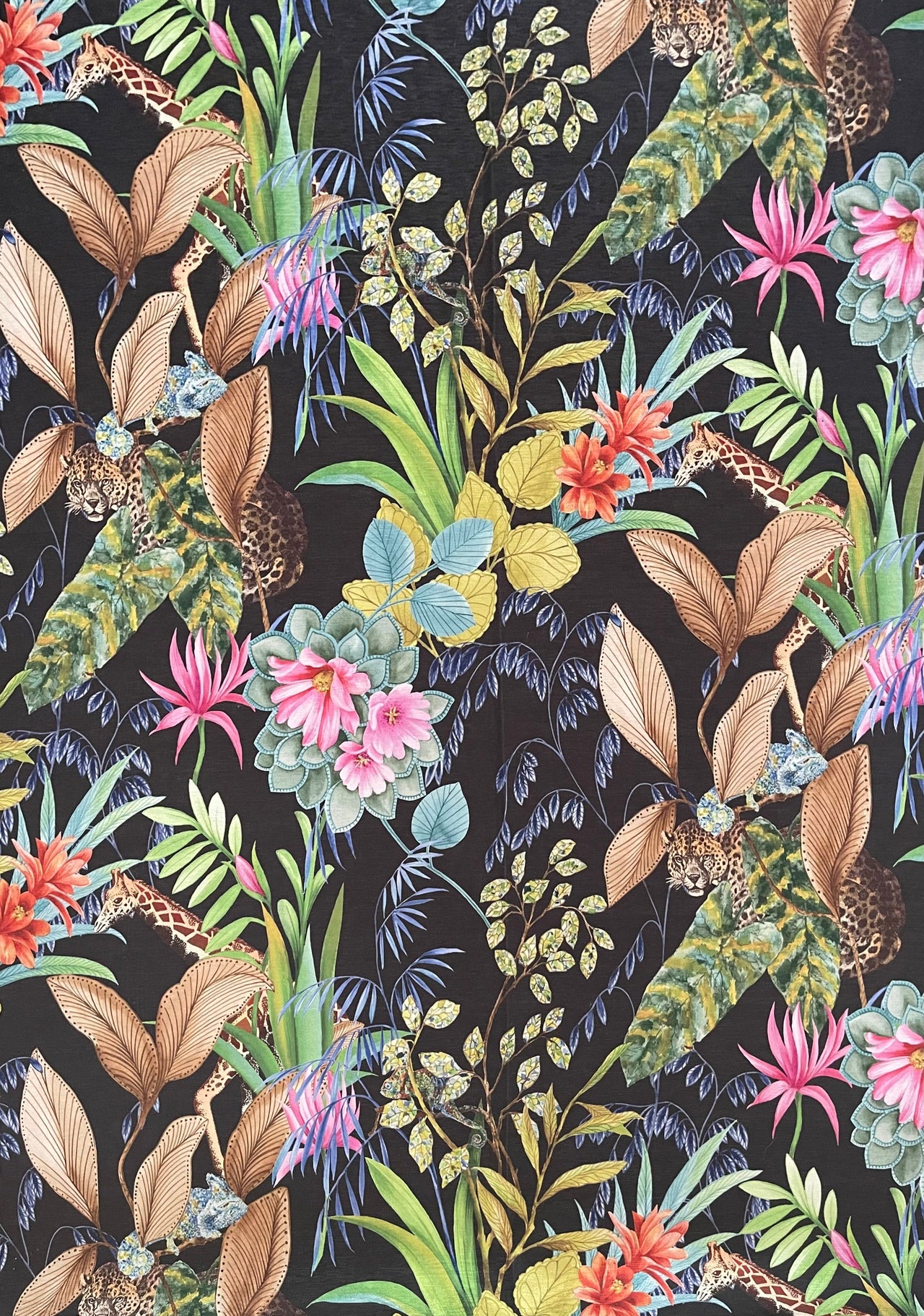 Exotic animals and flowers on dark fabric background.