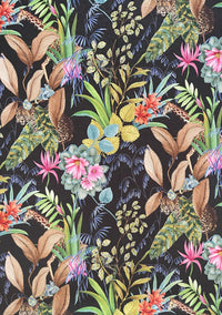 Thumbnail for Exotic animals and flowers on dark fabric background.