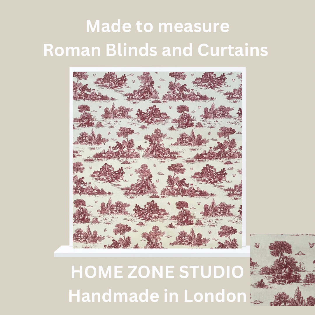 Patterned Roman blind with 'Made to measure Roman Blinds and Curtains' text and 'HOME ZONE STUDIO' branding.