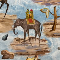 Thumbnail for Full view of blue surrealist cotton furnishing fabric featuring elephants, camels, horses, melting clocks and imaginative desert landscapes.
