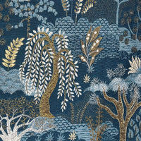 Thumbnail for Embroidered fabric pattern with trees and foliage on a blue background