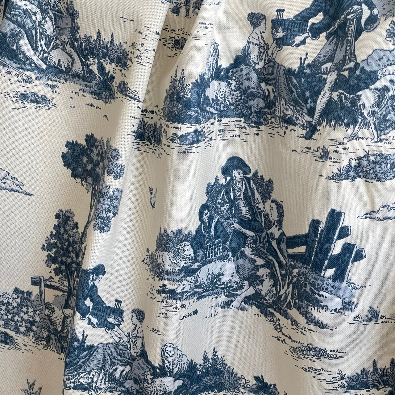 Classic Toile de Jouy blue fabric featuring countryside shepherds