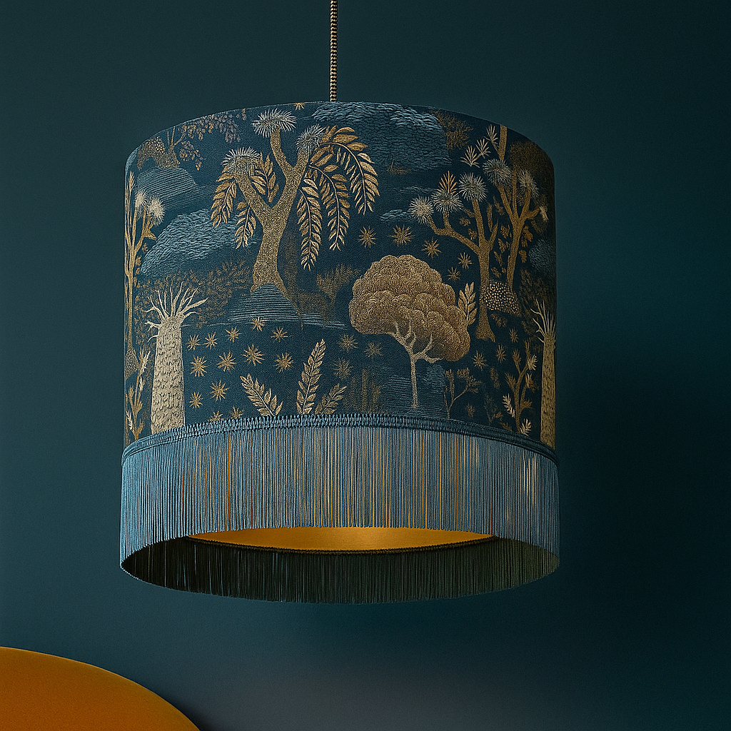 Mid-century modern lampshade in Baobab Tree of Life fabric (blue and gold), an eclectic boho accent piece.