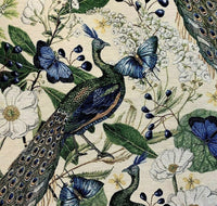 Thumbnail for Decorative fabric with peacocks, butterflies, and flowers on a beige background