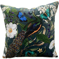 Thumbnail for Decorative pillow with peacock, butterflies, and floral design on a dark green background