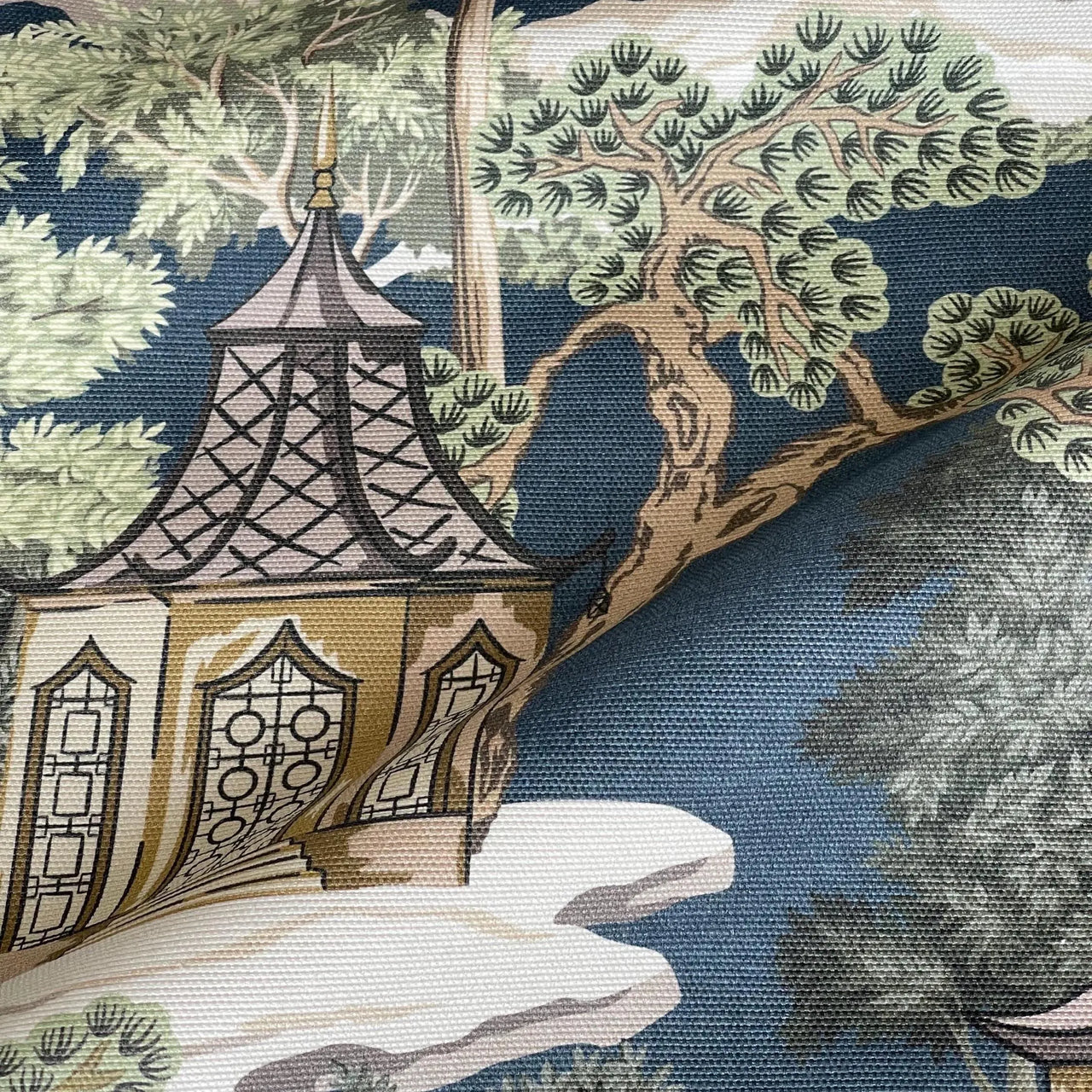Chinoiserie curtain fabric with traditional dress and landscape design