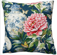 Thumbnail for Jardine pattern cushion cover with detailed blue and white vases, soft pink flowers, and lush green foliage on a rich blue background.

