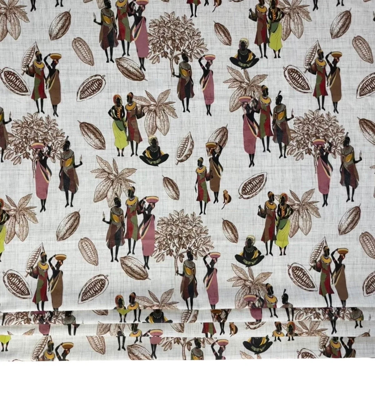 African village scene print on light cotton fabric.