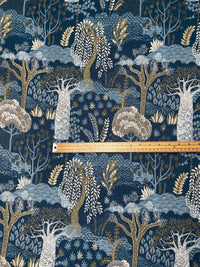 Thumbnail for Folksy forest pattern with trees and foliage on a blue background, featuring a ruler for scale.