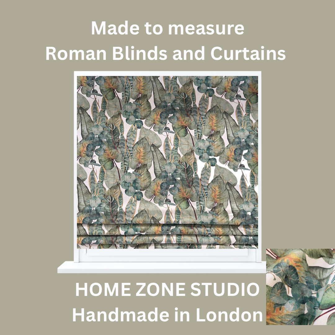 Roman blind with a pattern on a beige background, featuring text about Home Zone Studio.
