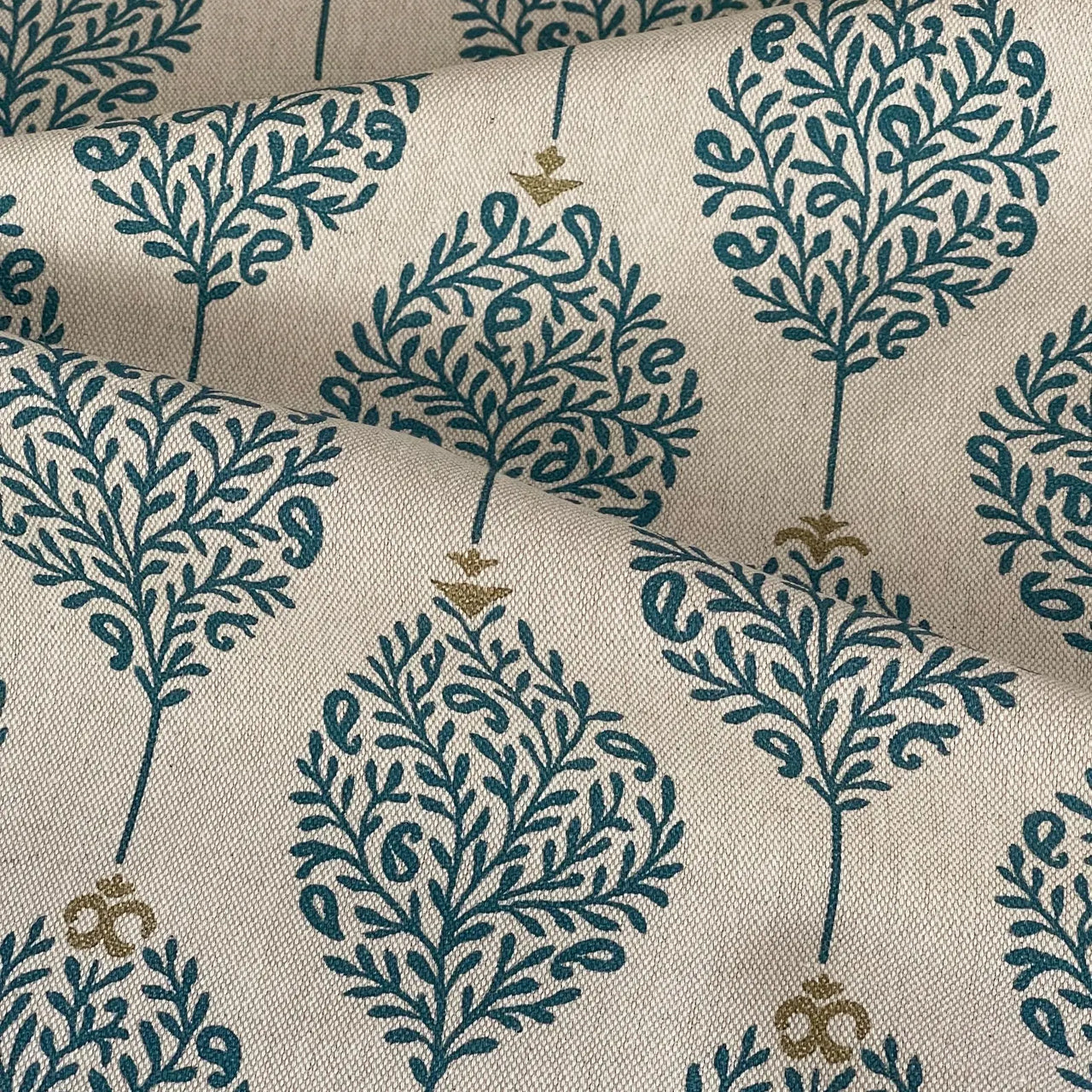Botanical trellis fabric in teal for classic and country interiors