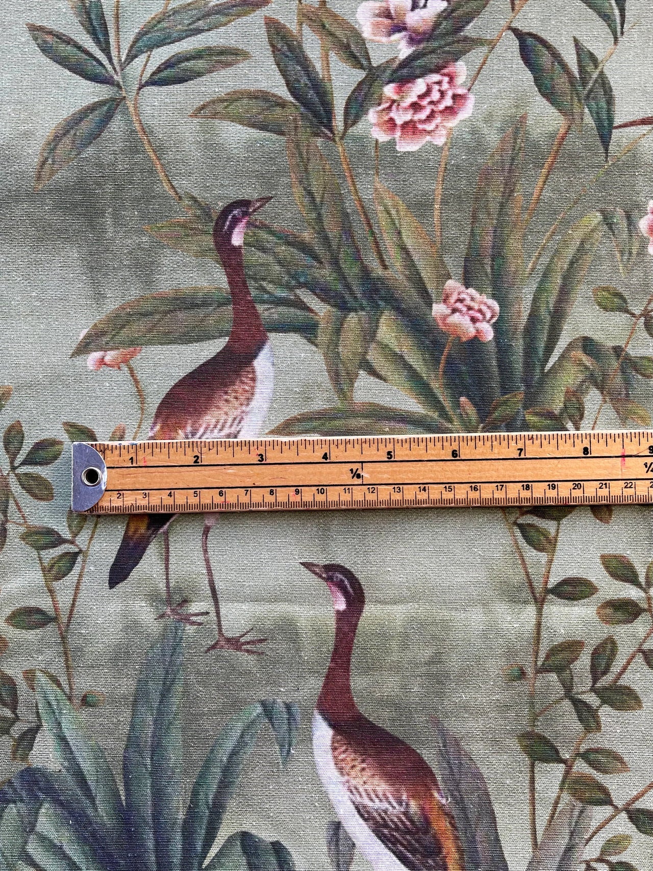 Fabric with bird and floral pattern, ruler for scale