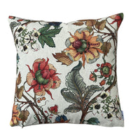 Thumbnail for Heritage Garden botanical floral cushion cover in red, orange, green and blue on natural linen-look fabric.