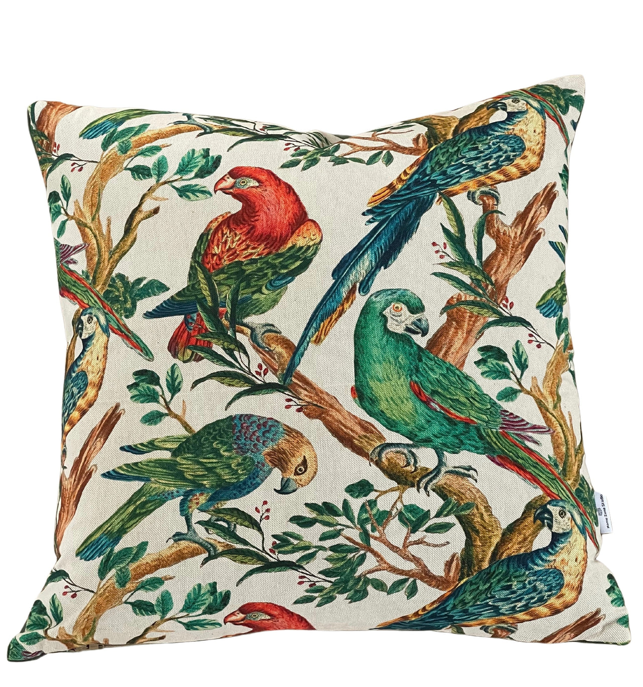Handmade tropical cushion with parrot illustrations.