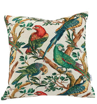Thumbnail for Handmade tropical cushion with parrot illustrations.