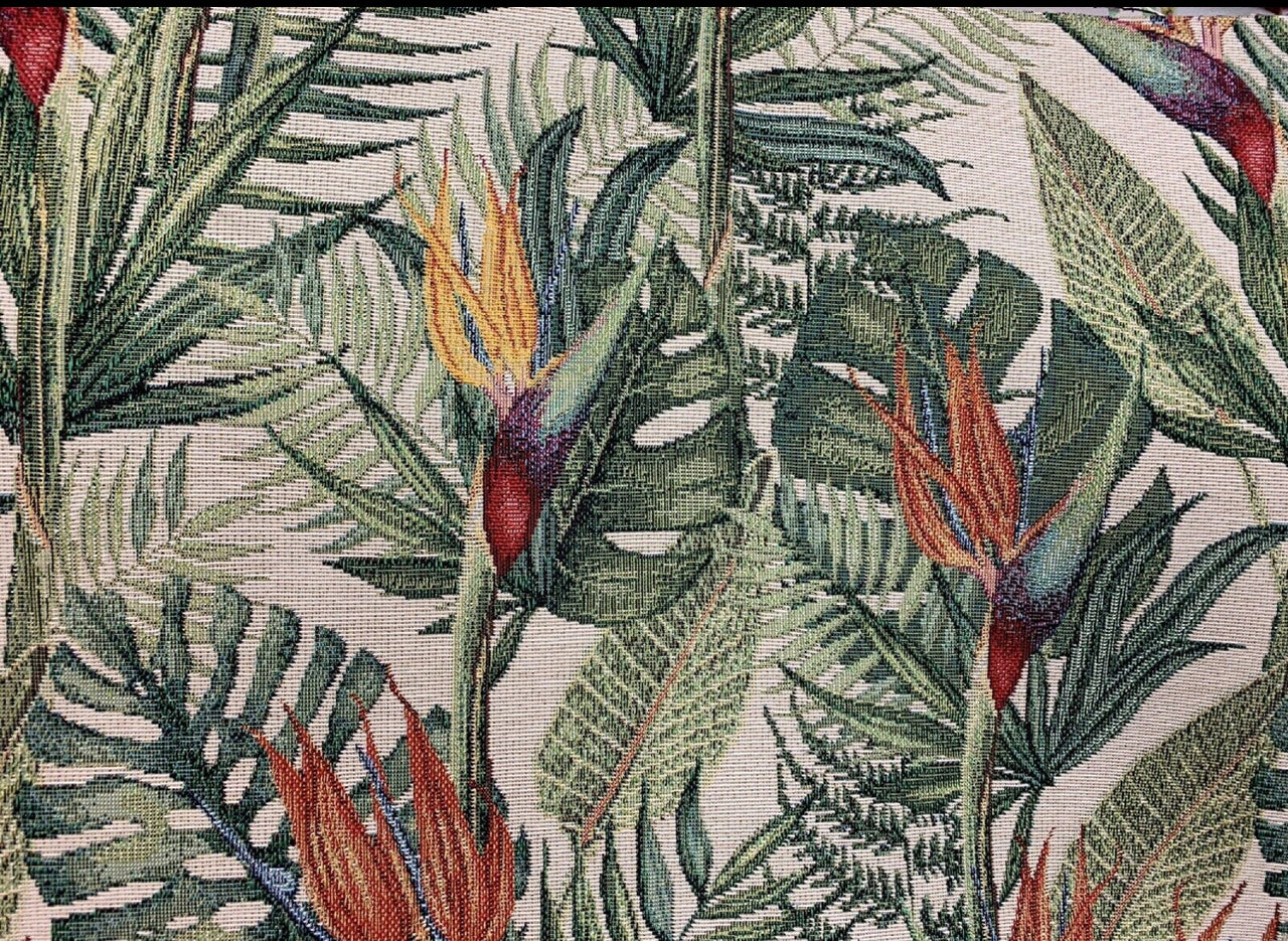 Detailed floral pattern on tropical upholstery fabric