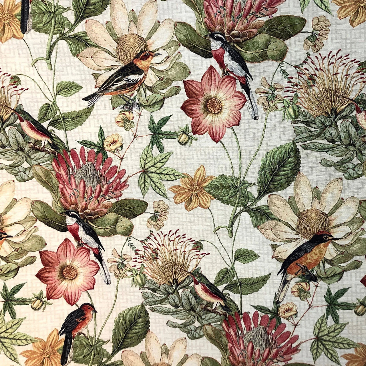 Bird and flower vintage upholstery fabric design.

