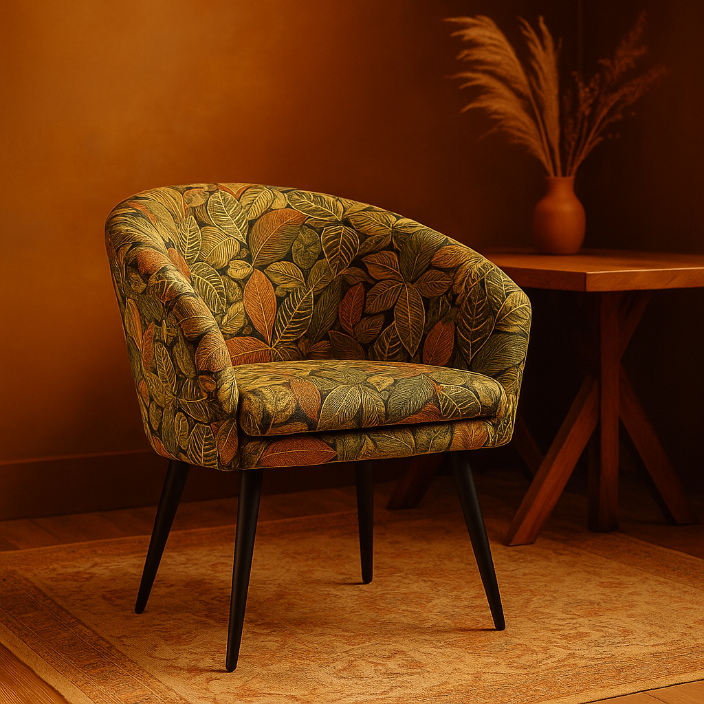 Modern dining chair upholstered with tropical botanical fabric.

