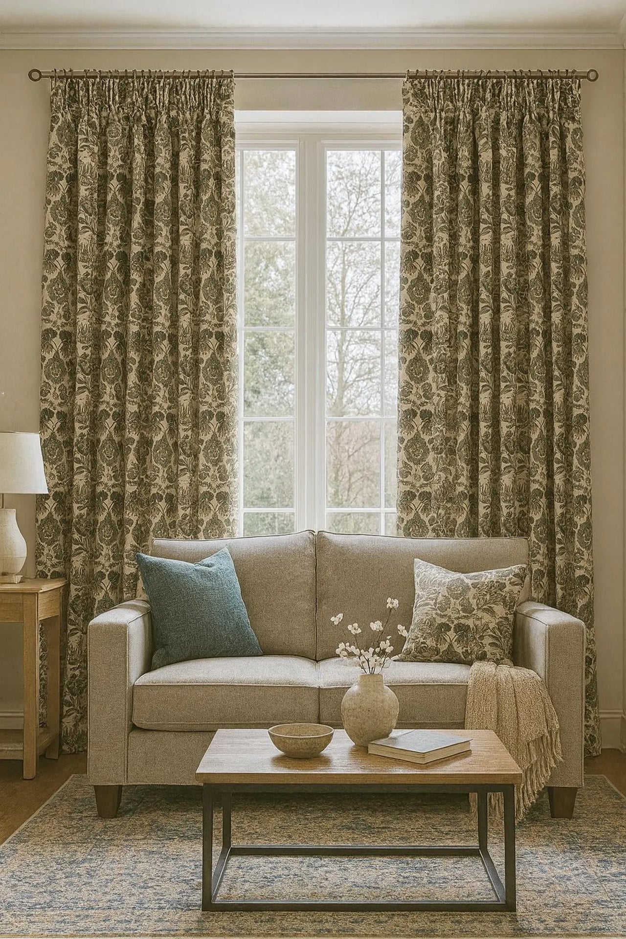 Cotton linen look fabric with classic symmetrical floral repeat