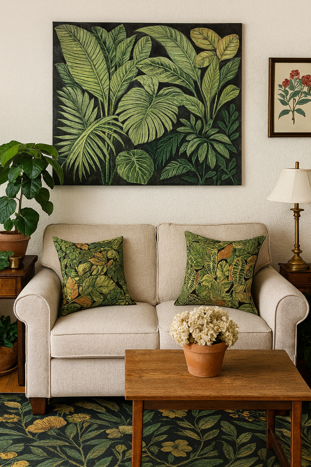 Tropical foliage cushion cover with aloe and fiscus leaves in green, mustard, and brown on woven fabric