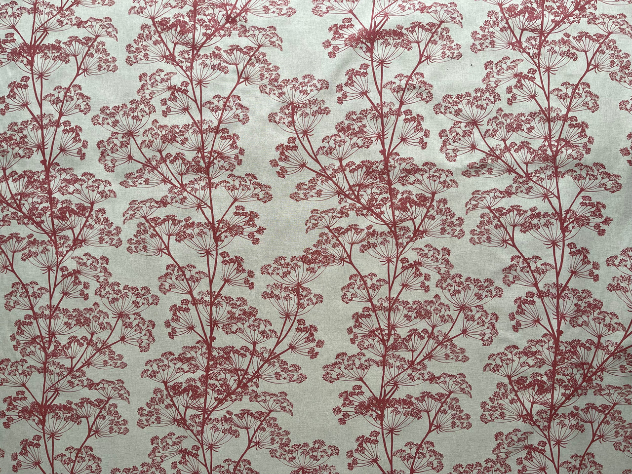 Close up of red cow parsley floral fabric on oatmeal base