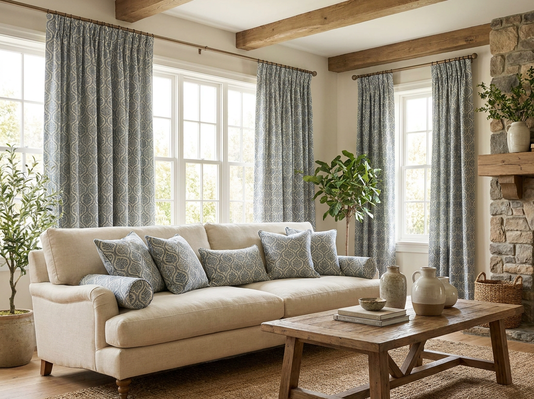 Scandinavian folk leaf curtain fabric in soft denim blue tones