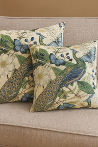 Thumbnail for Peacock and floral tapestry cushion for home decor.