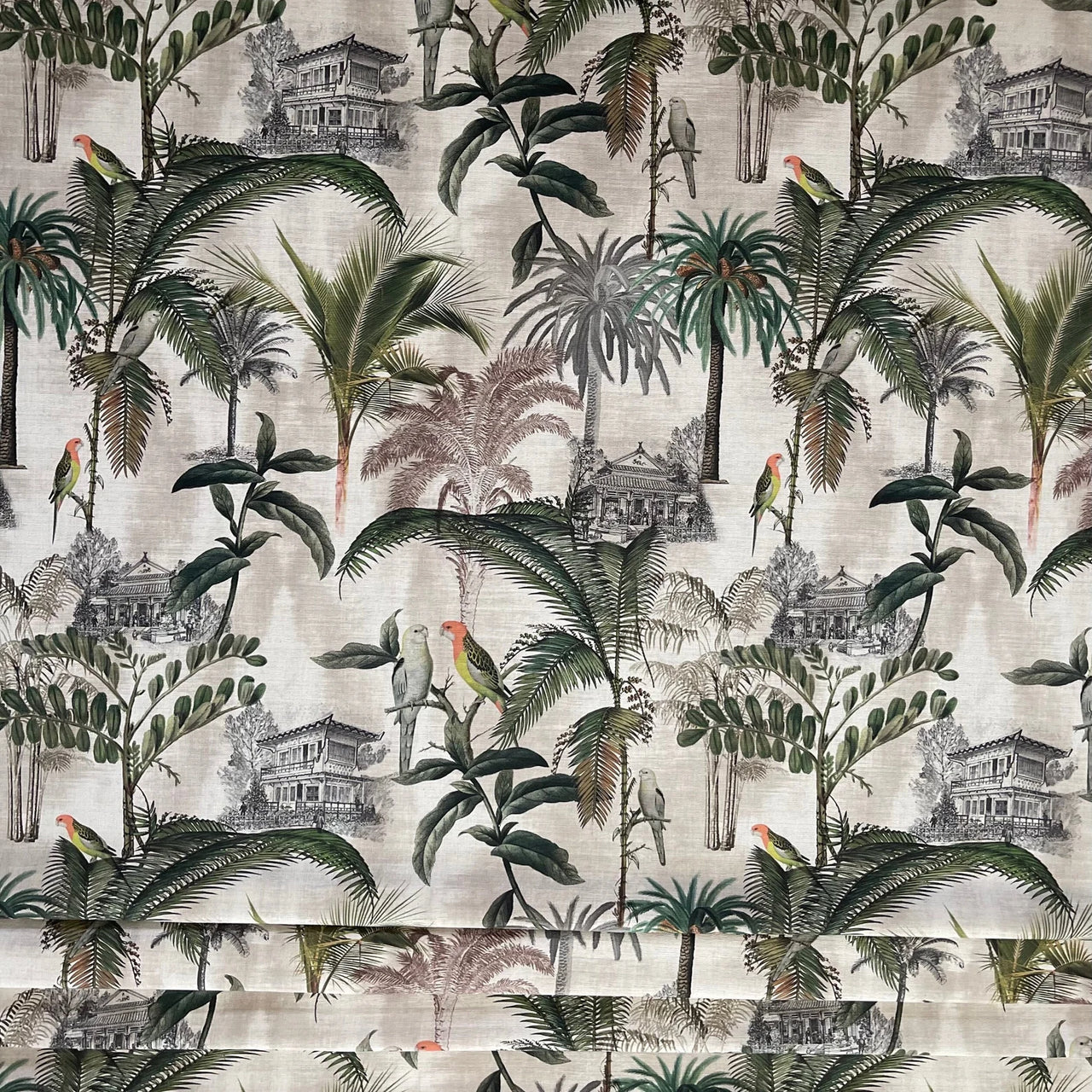 Scenic palm tree fabric with lovebirds and architectural sketches
