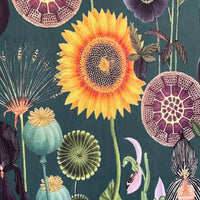 Thumbnail for Colorful floral pattern with sunflower and various other flowers on a dark green background