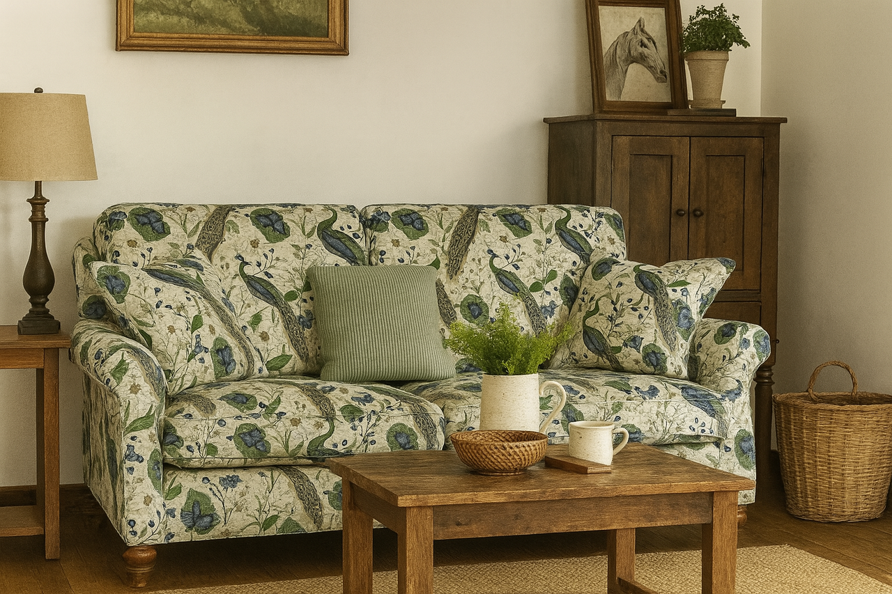 Cozy country-style living room with a sofa upholstered in cream-based peacock and floral tapestry fabric, surrounded by rustic wooden furniture, a woven basket, and soft natural lighting highlighting the vintage-inspired decor.