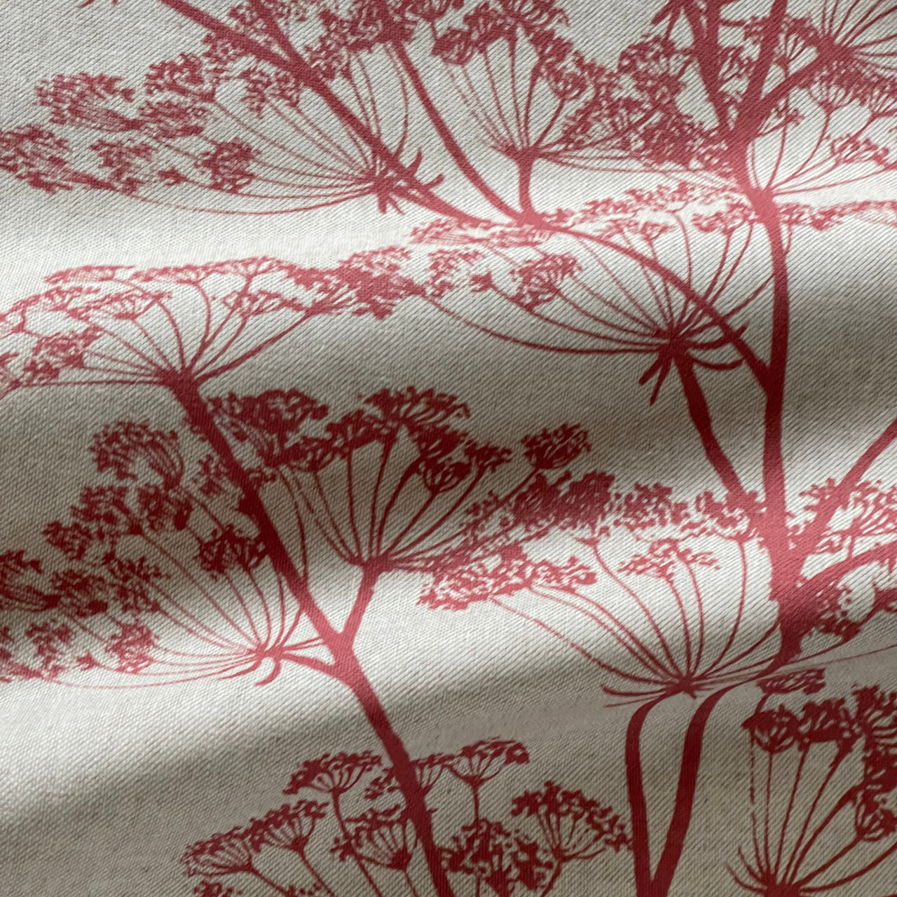 Red and neutral floral fabric for farmhouse and cottage interiors