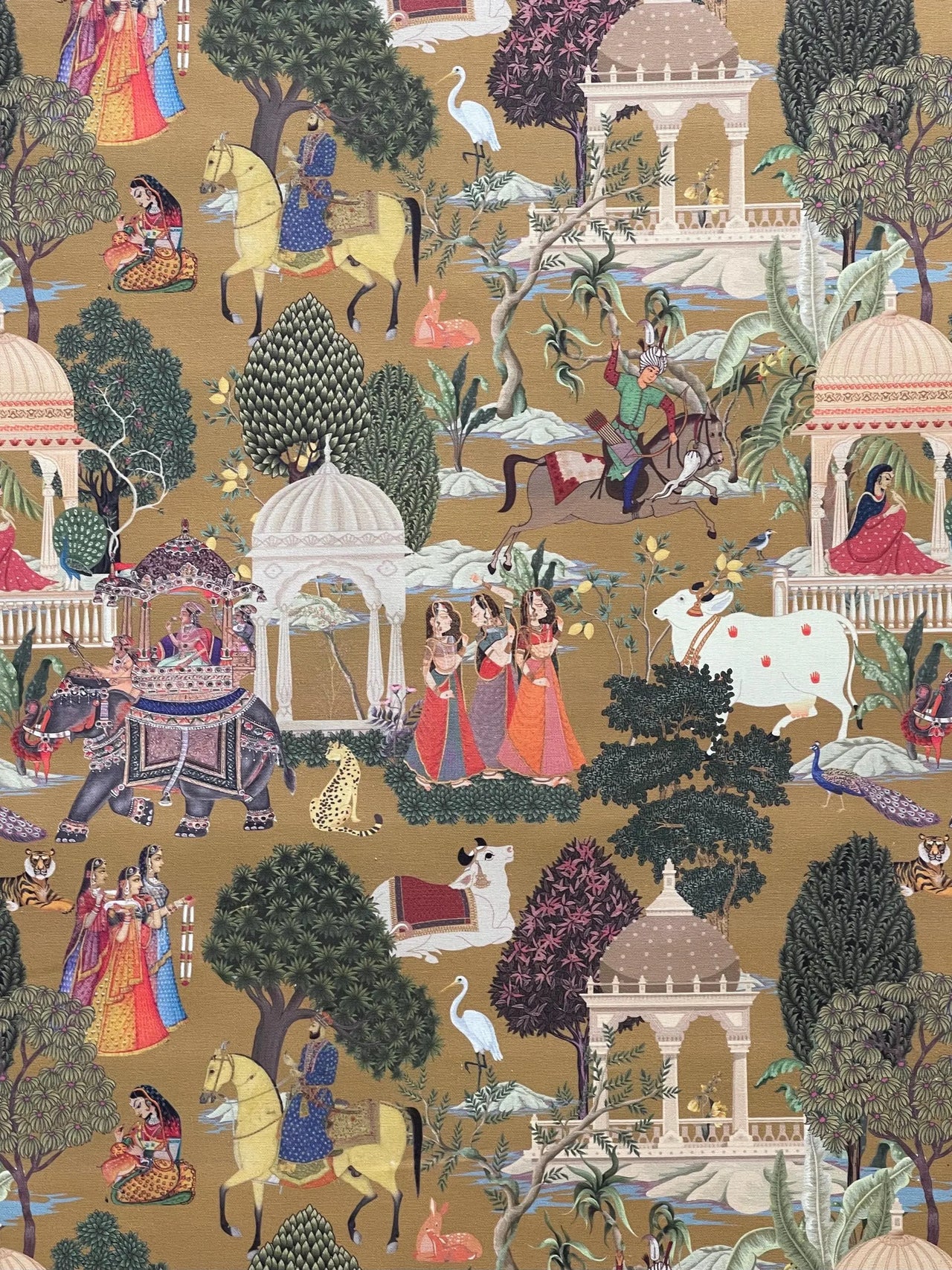 Mustard curtain fabric with oriental garden scene