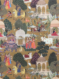 Thumbnail for Mustard curtain fabric with oriental garden scene