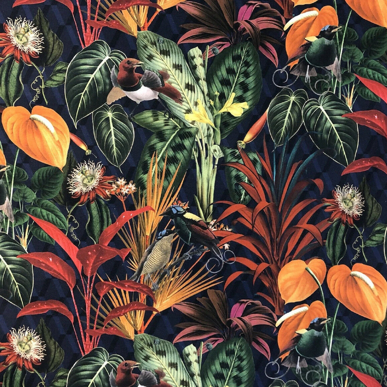 Dense botanical pattern cotton fabric with birds