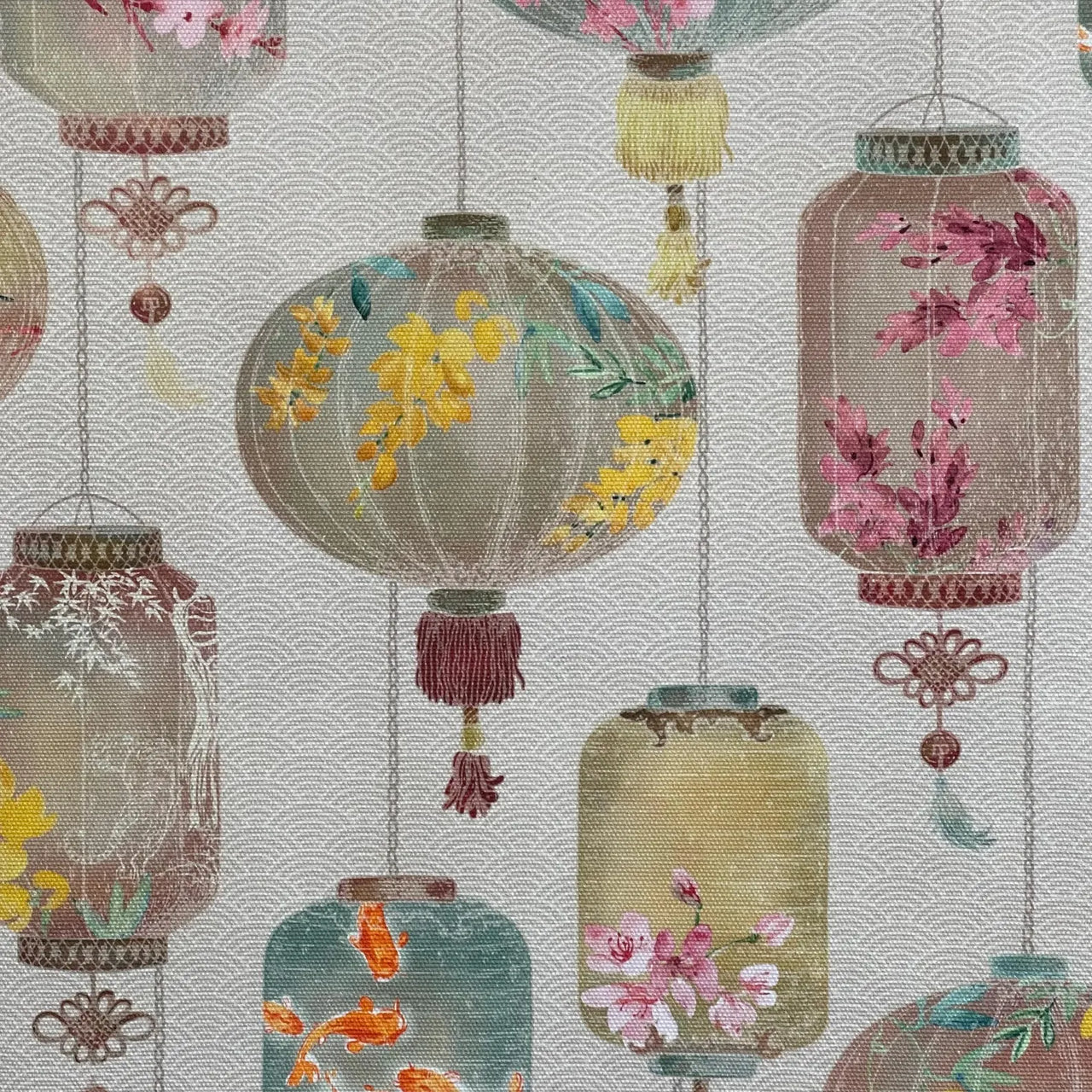 Upholstery fabric with large lantern repeat pattern
