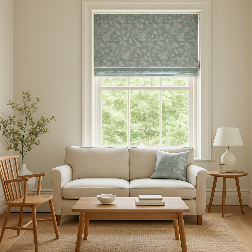 Robin & Floral Cotton Linen Look Fabric – Steel Blue Birds & Blooms Print for Soft Furnishings