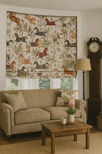 Thumbnail for Vintage-style equestrian fabric featuring horses with decorative saddles on a neutral background