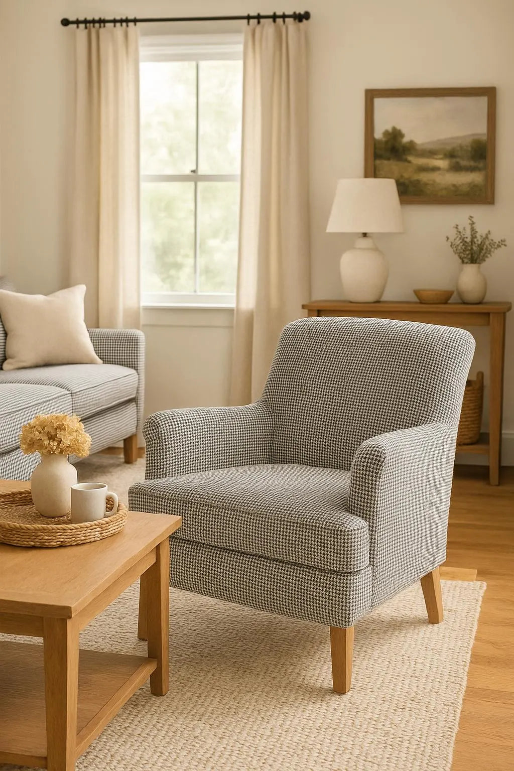 Light houndstooth fabric armchair in a Scandinavian-style interior – ideal for cottagecore, slow living, or earth-tone decor.