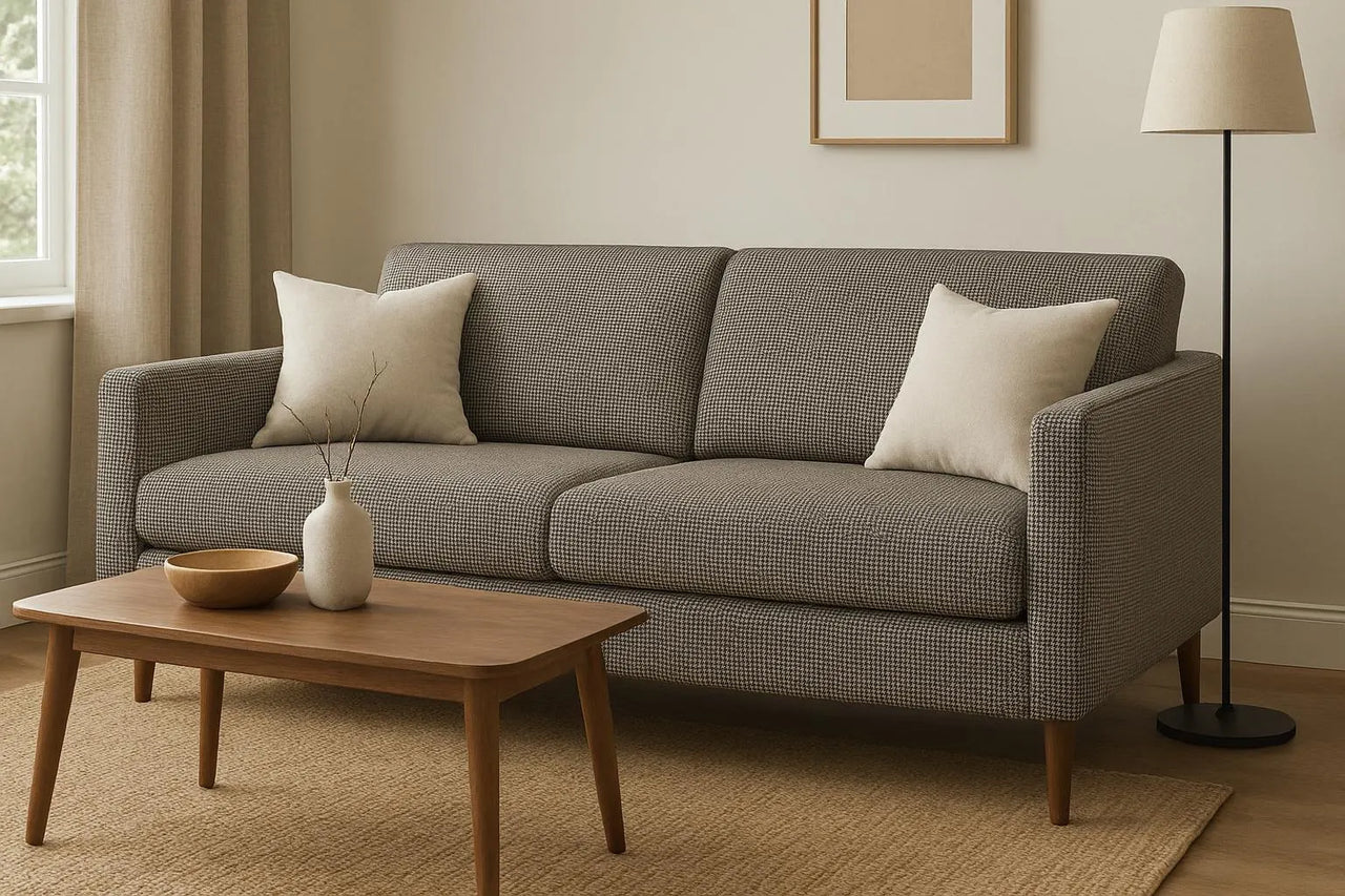 Small-scale houndstooth fabric on contemporary sofa – ideal for Scandinavian, Japandi, or modern rustic interiors.

