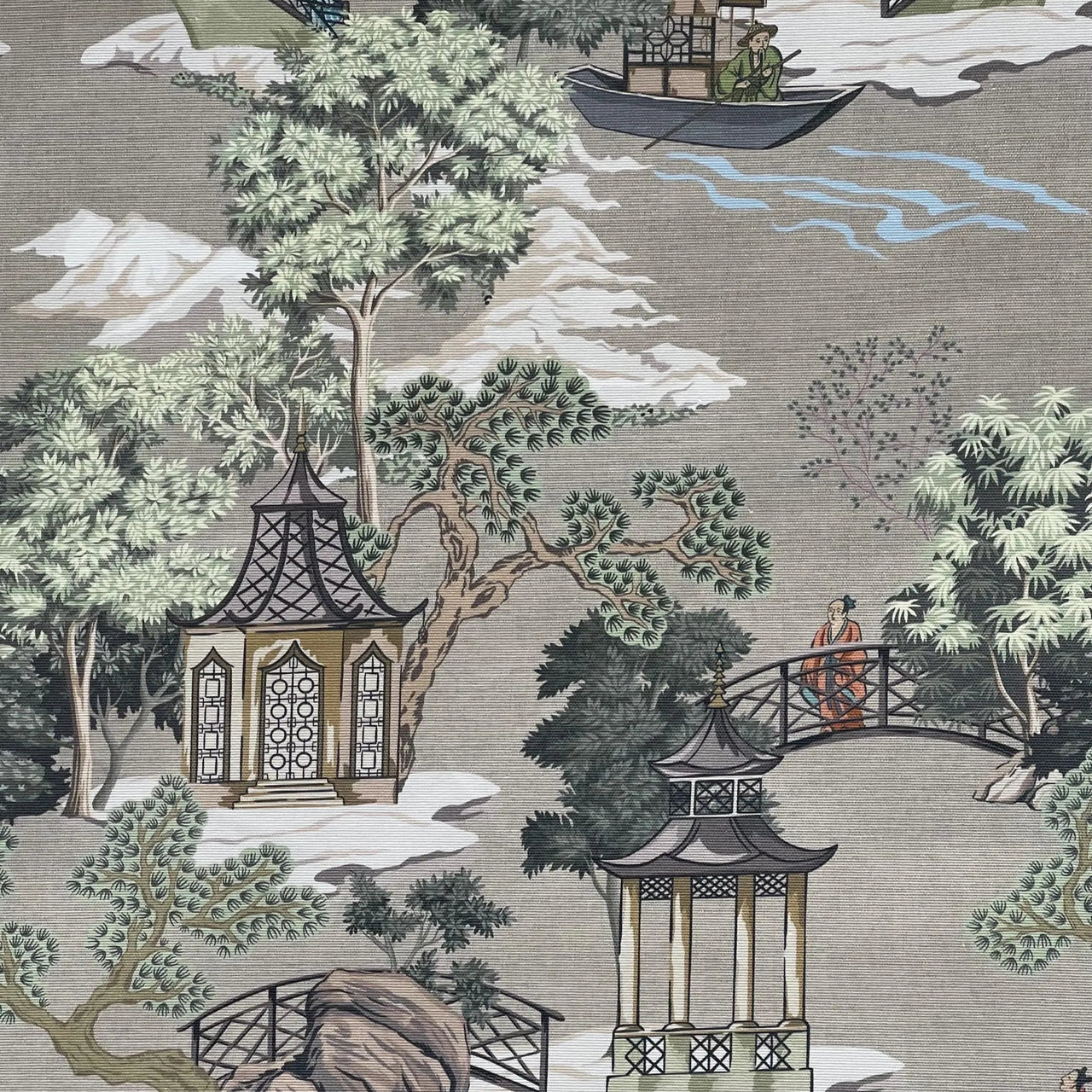 Pagoda Garden fabric design with pagodas and arched bridges in vintage style