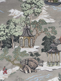 Thumbnail for Landscape Pagoda Garden toile fabric with pagodas and bridges in grey tones