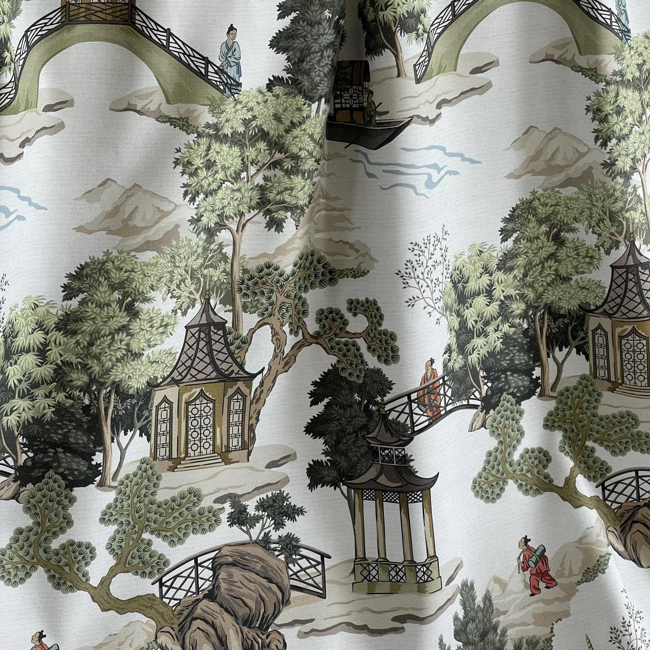 Large repeat chinoiserie fabric for interior décor

