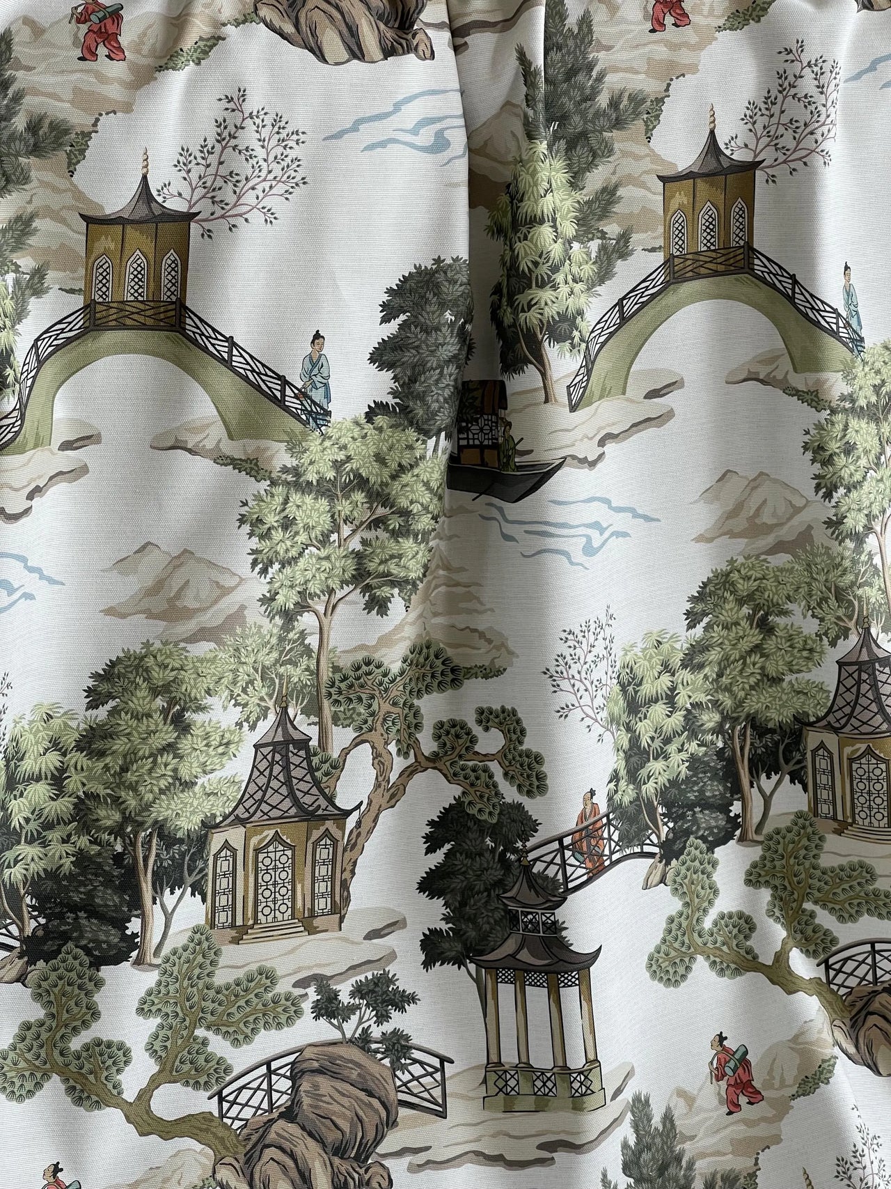 White chinoiserie fabric with Asian garden details