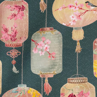 Thumbnail for Green Asian lantern cotton blend fabric with cherry blossom design