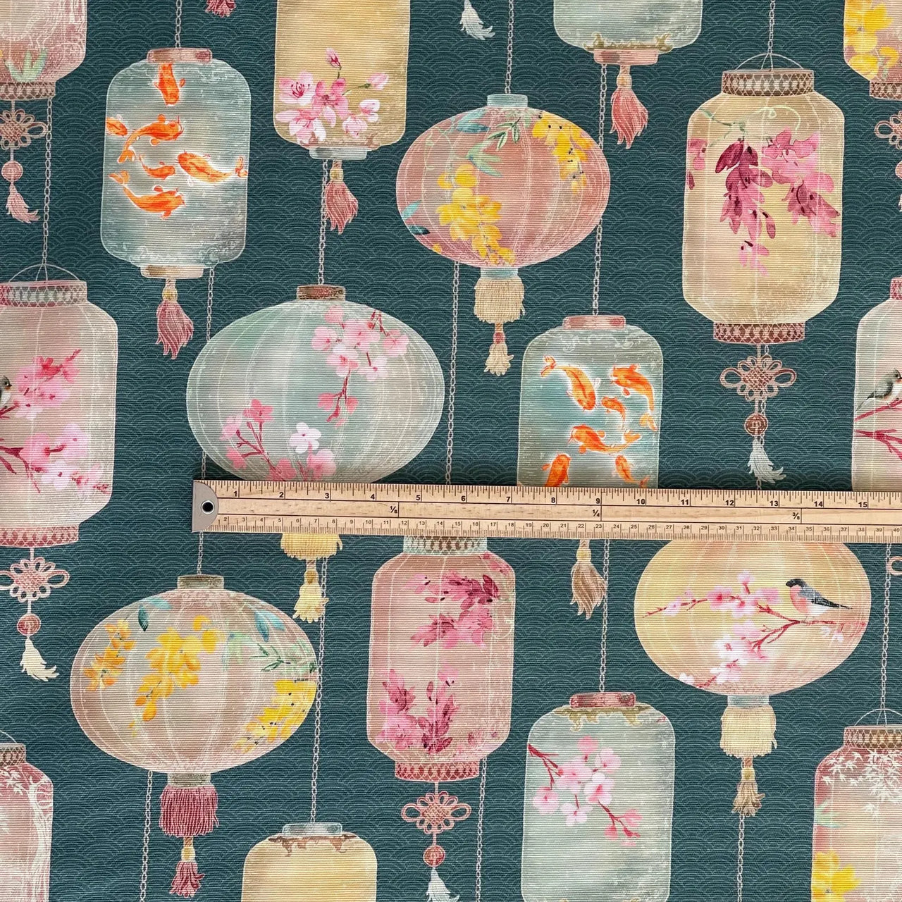 Decorative fabric with birds and lanterns pattern