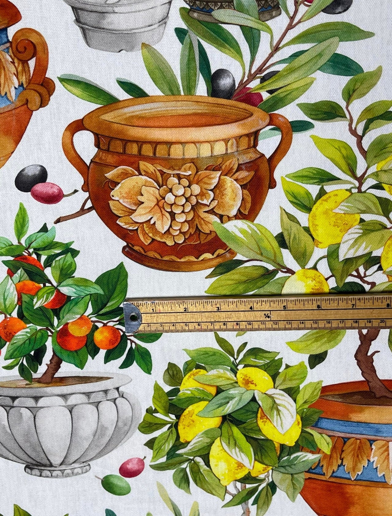 Patterned cotton fabric with lemon and olive trees