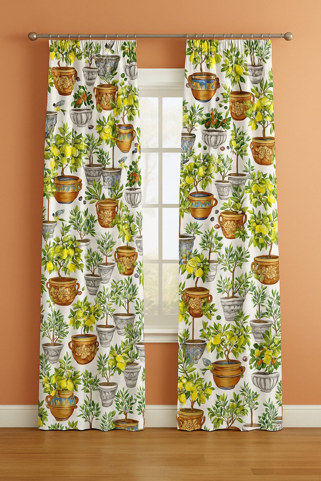 Citrus Grove patterned curtains with lemon and olive tree design.

