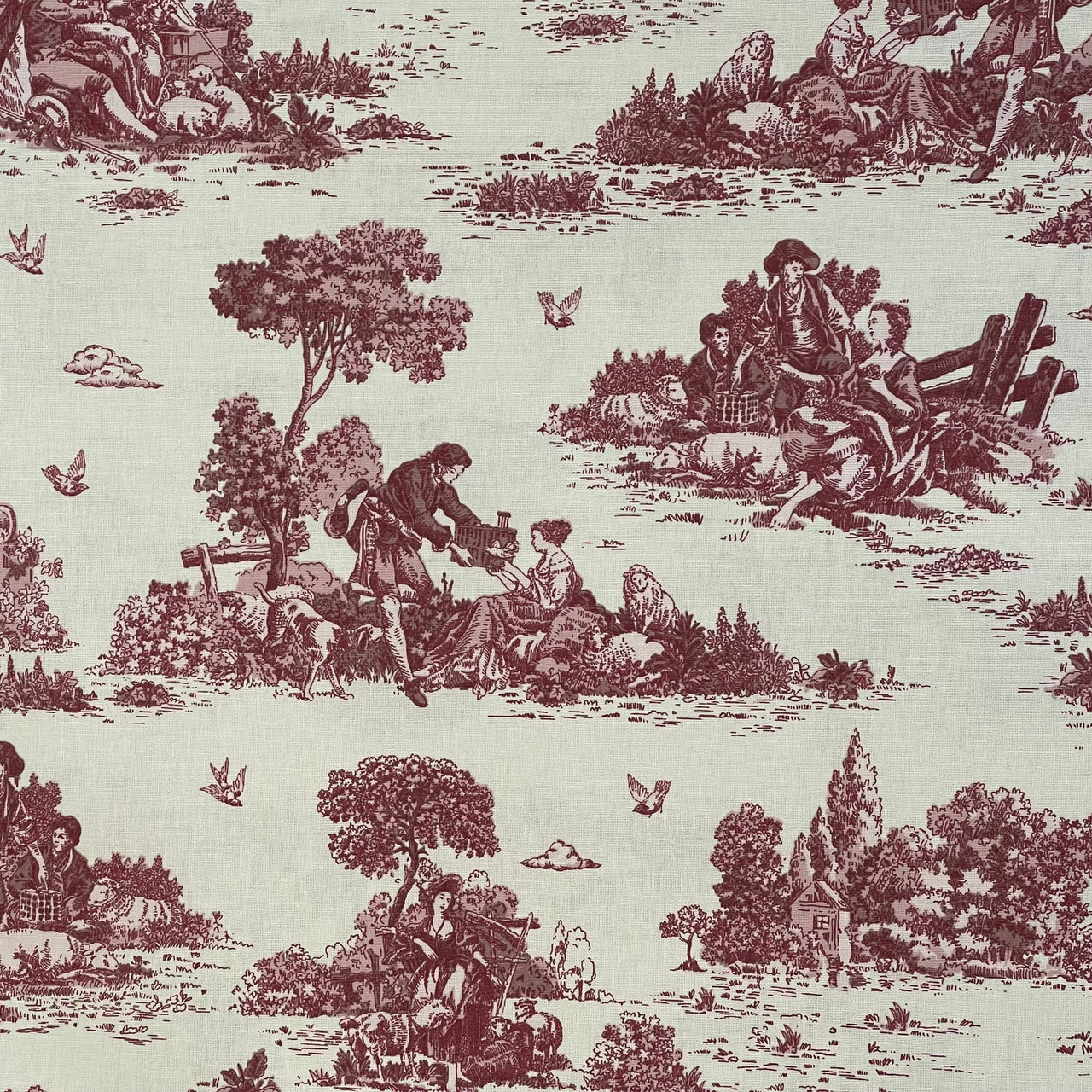 Classic French toile fabric with red pastoral design